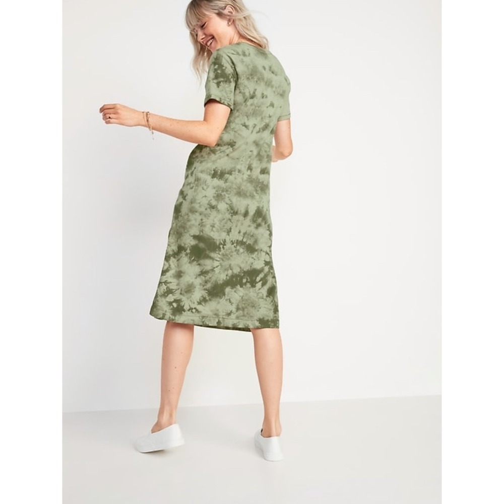 Old Navy Womens Green Cotton Tie Dye Midi T-Shirt Shift Dress Short Sleeve